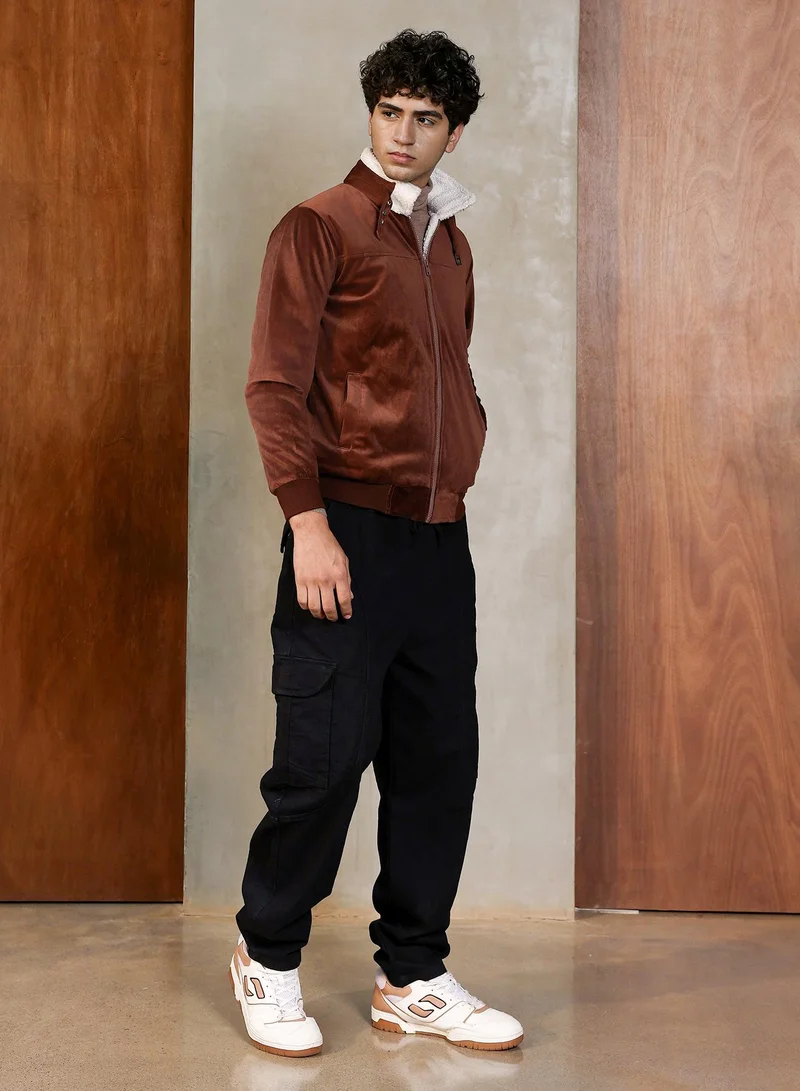 CAHOOT  Men's Chocolate Brown Contrast Sherpa-Lined Suede Bomber Jacket | Point Collar , Ribbed Cuff Sleeves , Zipper  Closure , Ribbed-Straight Hem | Solid Textured For Casual & Daily Wear for Men | Best Price UAE